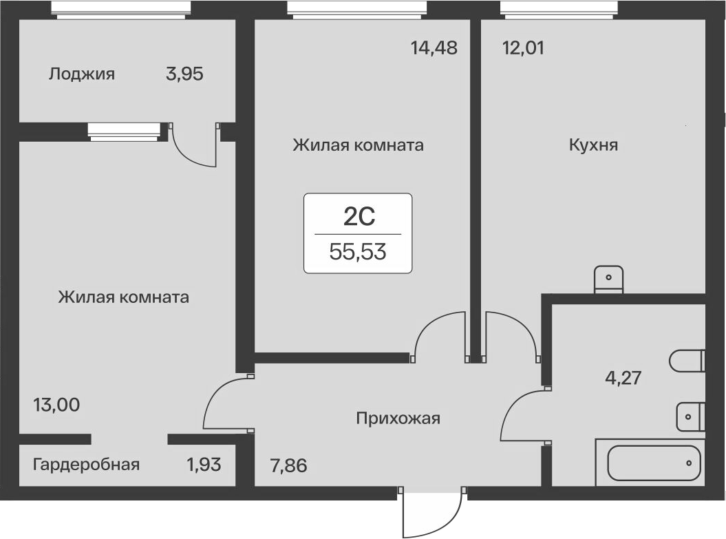 2-комнатная квартира 55.53 м², 6/12 эт., ЖК «Расцветай в Янино»